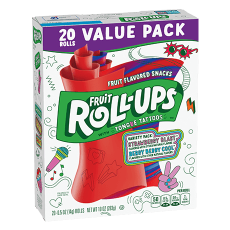 Fruit Roll-ups 20 rolls Variety Pack, Strawberry Blast, Berry Berry Cool flavors, front of pack