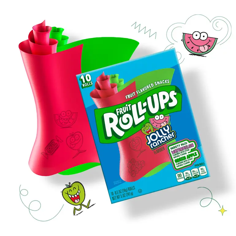 Fruit Roll-Ups Jolly Rancher variety pack including Watermelon and Green Apple flavors, front of the pack with a red and green roll-up next to it and small illustrations around it