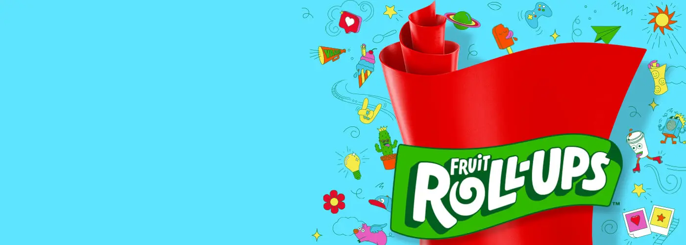 A large red Fruit Roll-Ups on a blue background and small illustrations around it and a "Fruit Roll-Ups" logo