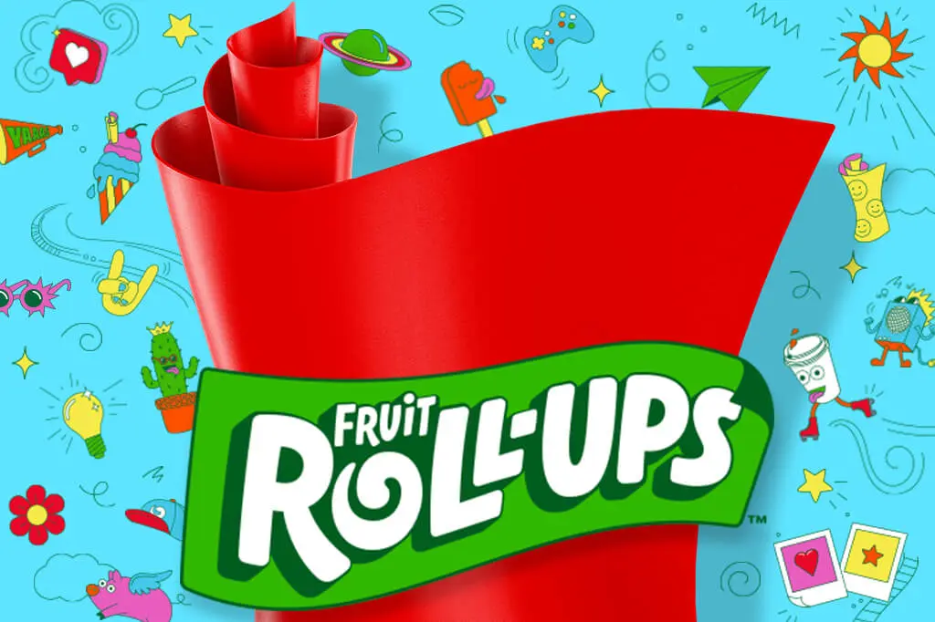 A large red Fruit Roll-Ups on a blue background and small illustrations around it and a "Fruit Roll-Ups" logo