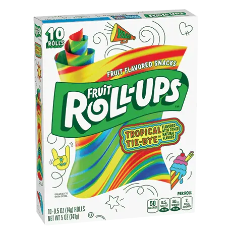 Fruit Roll-Ups Tropical Tie-Dye flavor, front of pack