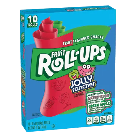 Fruit Roll-Ups Jolly Rancher variety pack including Watermelon and Green Apple flavors, front of pack