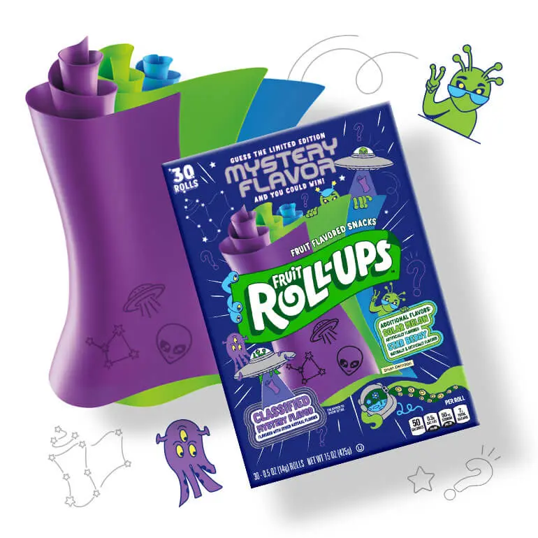 Fruit Roll-Ups variety pack including Solar Melon, Star Berry, and Mystery flavors, front of pack with a multi-colored roll-up next to it and small illustrations of aliens around it