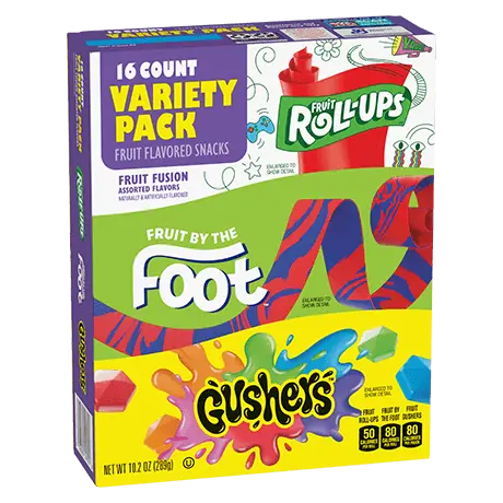 Variety Pack 16 count Fruit Roll-ups, Fruit by the Foot and Gushers, front of pack