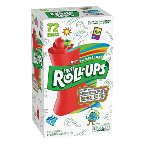 Fruit Roll-ups 72 rolls Variety Pack, Strawberry Blast, Tropical Tie Dye flavors, front of pack